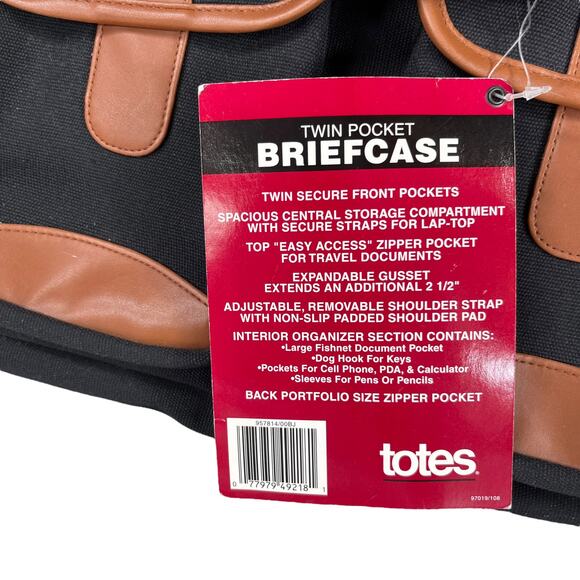 Totes Twin Pocket Briefcase Black Canvas Laptop Expandable New - Picture 11 of 16